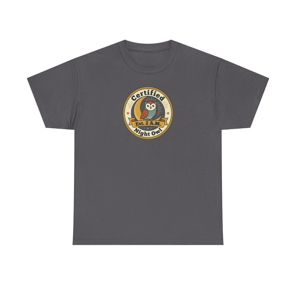 Charcoal crewneck T-shirt with round owl badge print on chest