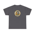Charcoal crewneck T-shirt with round owl badge print on chest