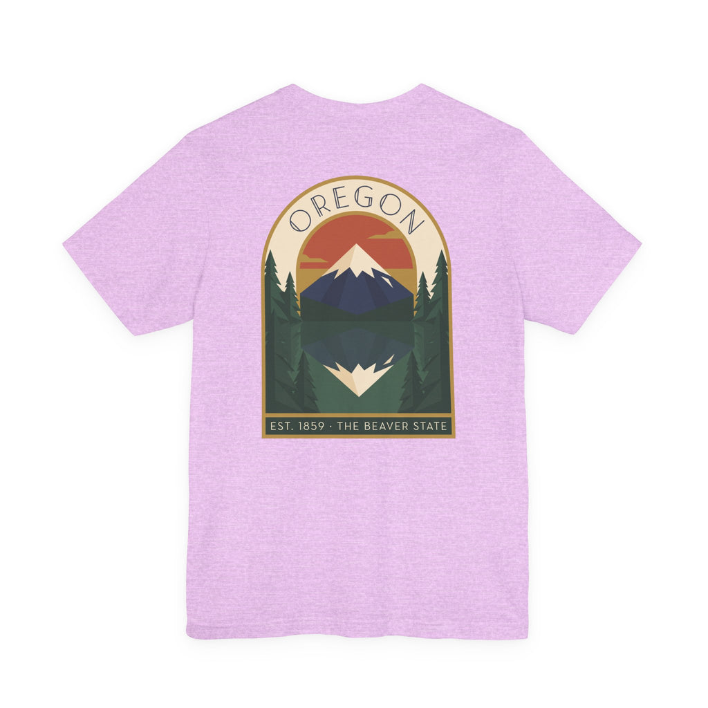 Lavender t-shirt with centered Oregon mountain graphic print on chest