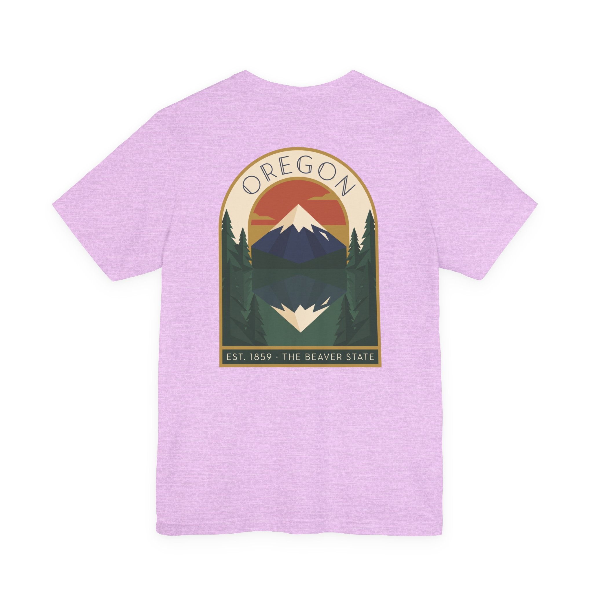 Lavender t-shirt with centered Oregon mountain graphic print on chest