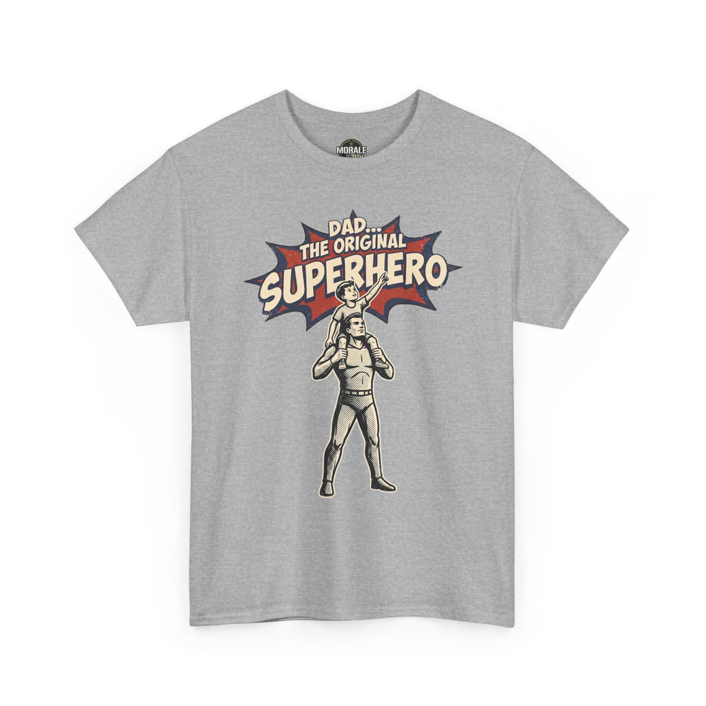Heather gray crewneck T-shirt with superhero graphic and “DAD” text on front