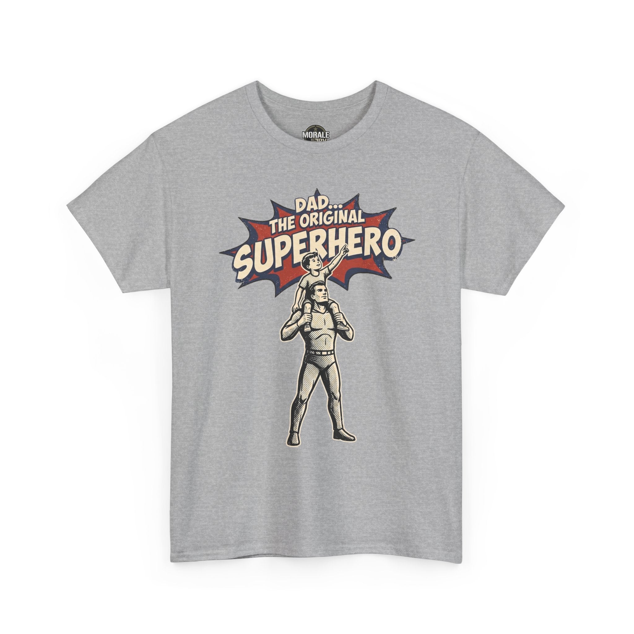 Heather gray crewneck T-shirt with superhero graphic and “DAD” text on front