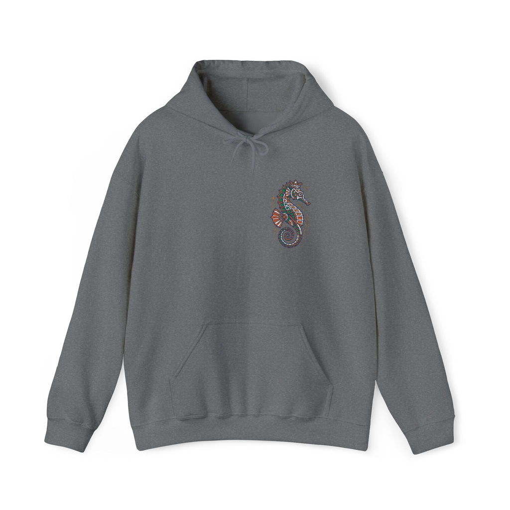 Charcoal gray seahorse floral hoodie with front pocket and drawstring hood