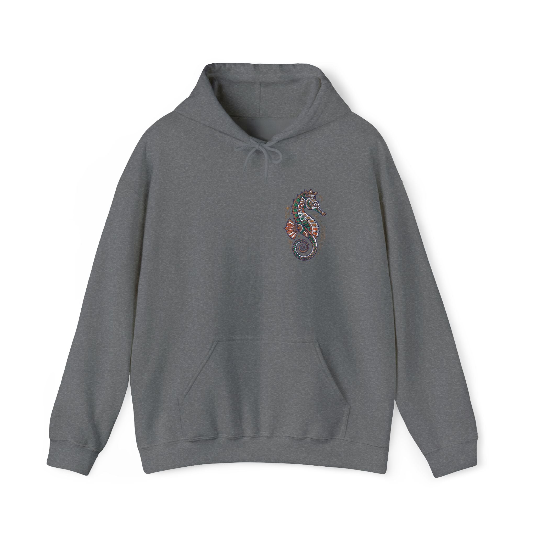 Charcoal gray seahorse floral hoodie with front pocket and drawstring hood