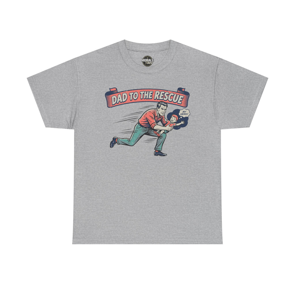 Charcoal heather “Dad to the Rescue” T-shirt with superhero dad graphic