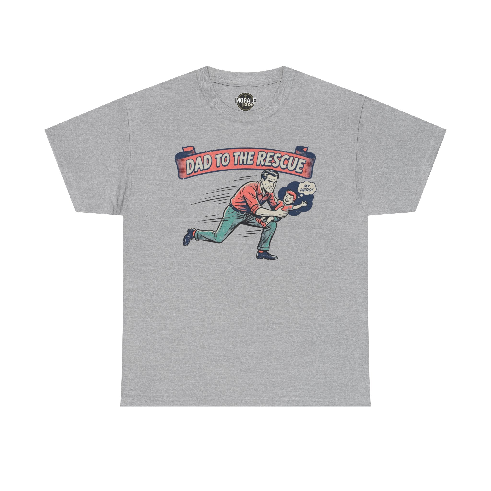 Charcoal heather “Dad to the Rescue” T-shirt with superhero dad graphic