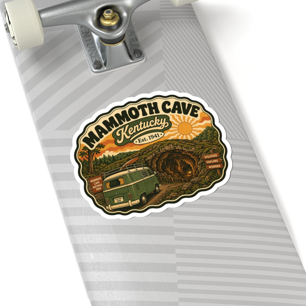 Die-cut Mammoth Cave Kentucky sticker with green camper van and cave entrance graphic