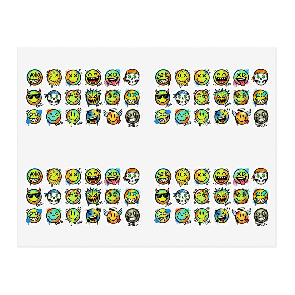 Die-cut emoji face icon sticker sheet arranged in rows with varied colorful expressions