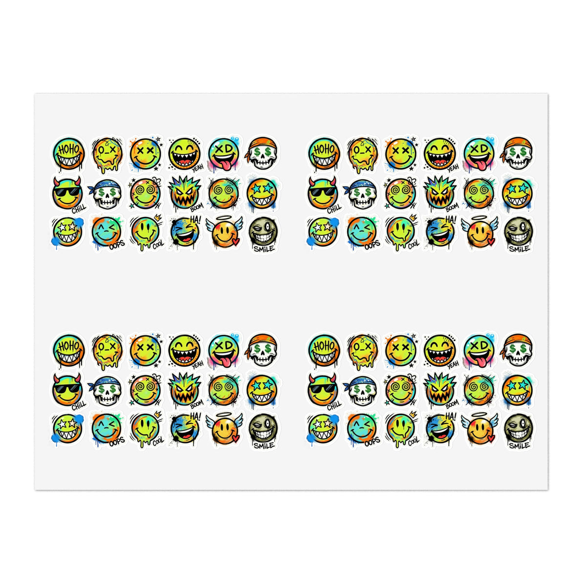 Die-cut emoji face icon sticker sheet arranged in rows with varied colorful expressions