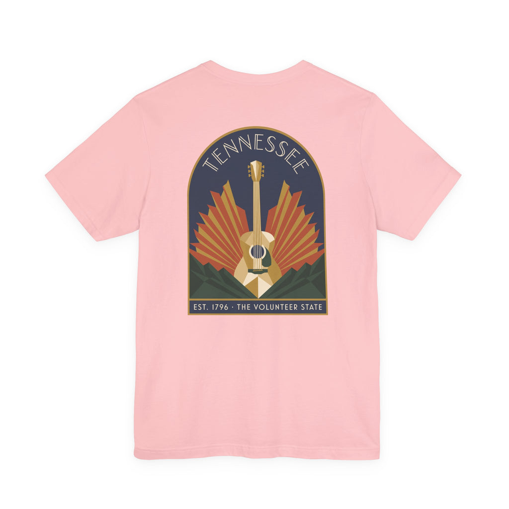 Light pink crew-neck T-shirt with Tennessee guitar art graphic on chest