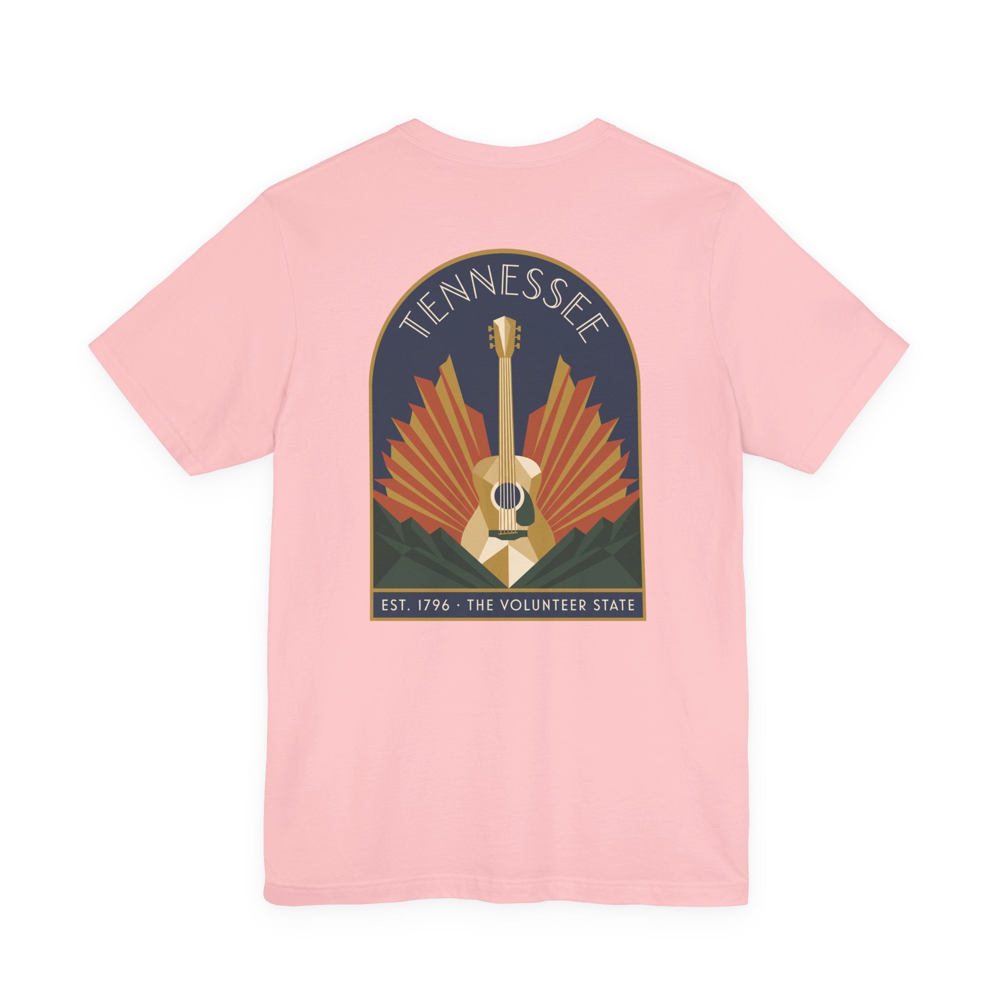 Light pink crew-neck T-shirt with Tennessee guitar art graphic on chest