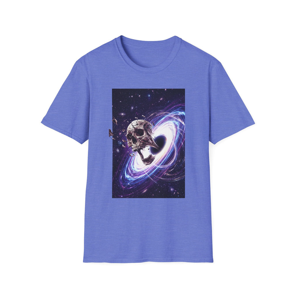 Blue T-shirt with cosmic skull and galaxy swirl graphic on the front