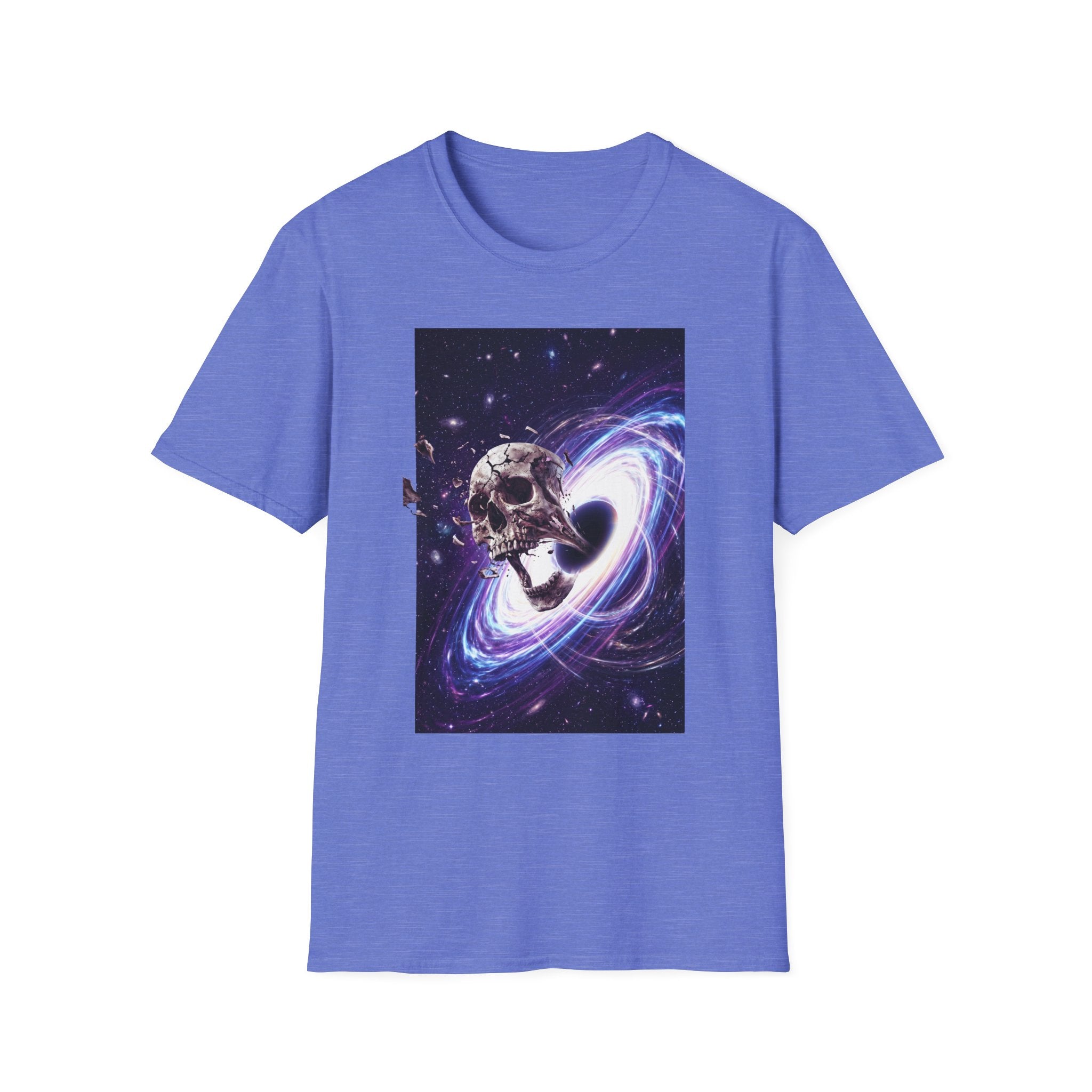 Blue T-shirt with cosmic skull and galaxy swirl graphic on the front