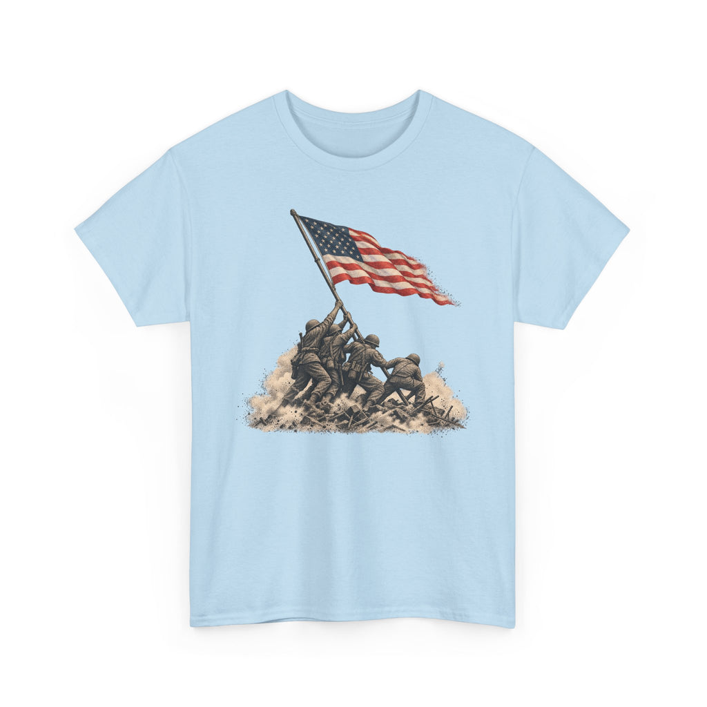 Light blue graphic T-shirt with waving American flag over raised battle scene
