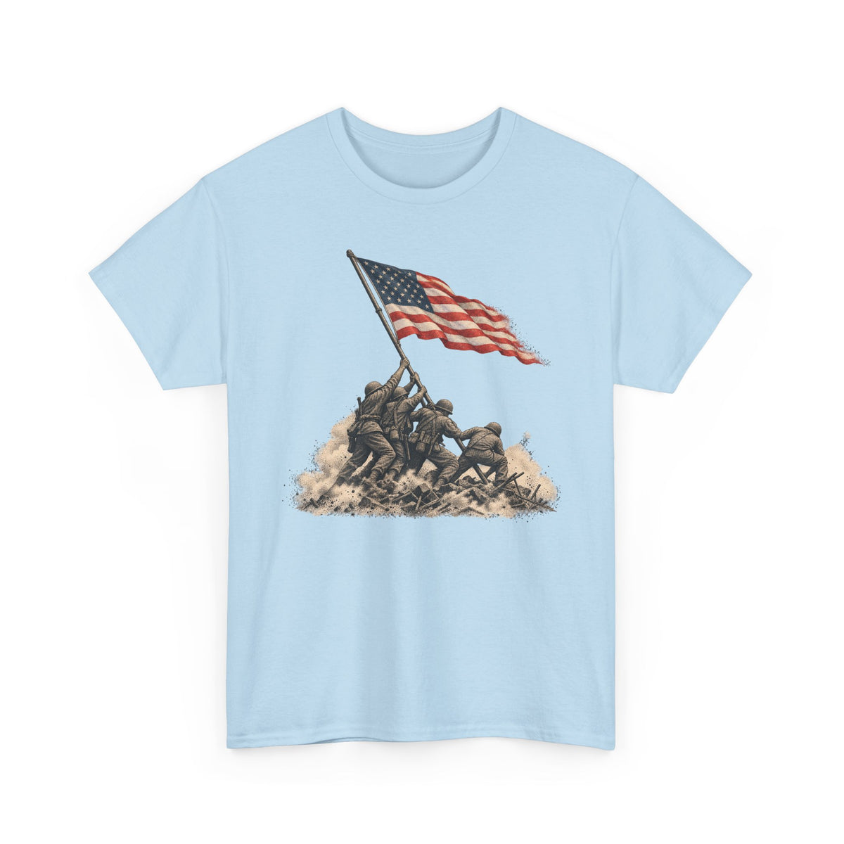 Light blue graphic T-shirt with waving American flag over raised battle scene