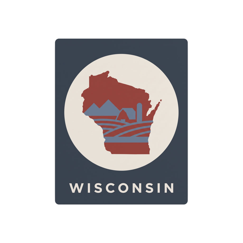 Wisconsin metal art sign with navy square, cream circle, red state silhouette and WISCONSIN text
