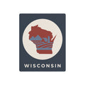 Wisconsin metal art sign with navy square, cream circle, red state silhouette and WISCONSIN text