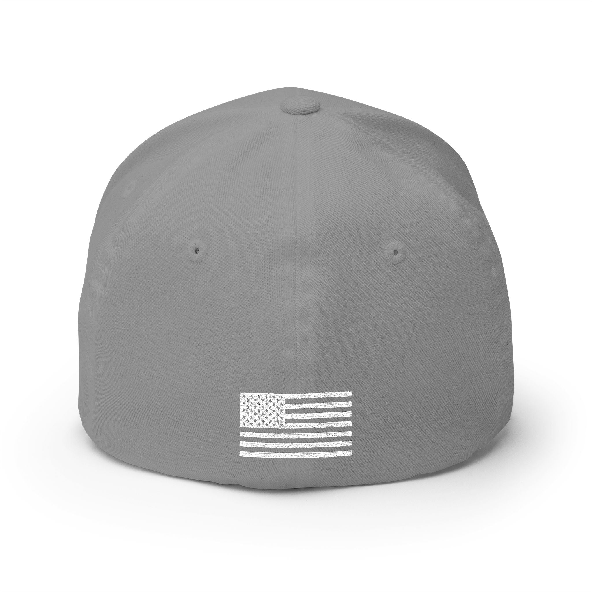 Embroidered baseball cap in dark color with white American flag patch on front.