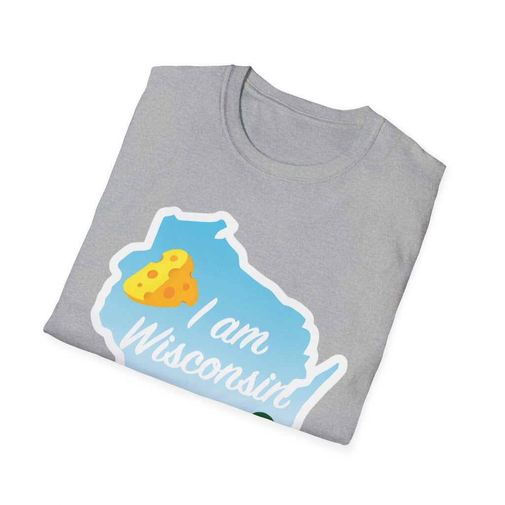 I Am Wisconsin T-Shirt, sport gray with Wisconsin outline, cheese and landscape graphic