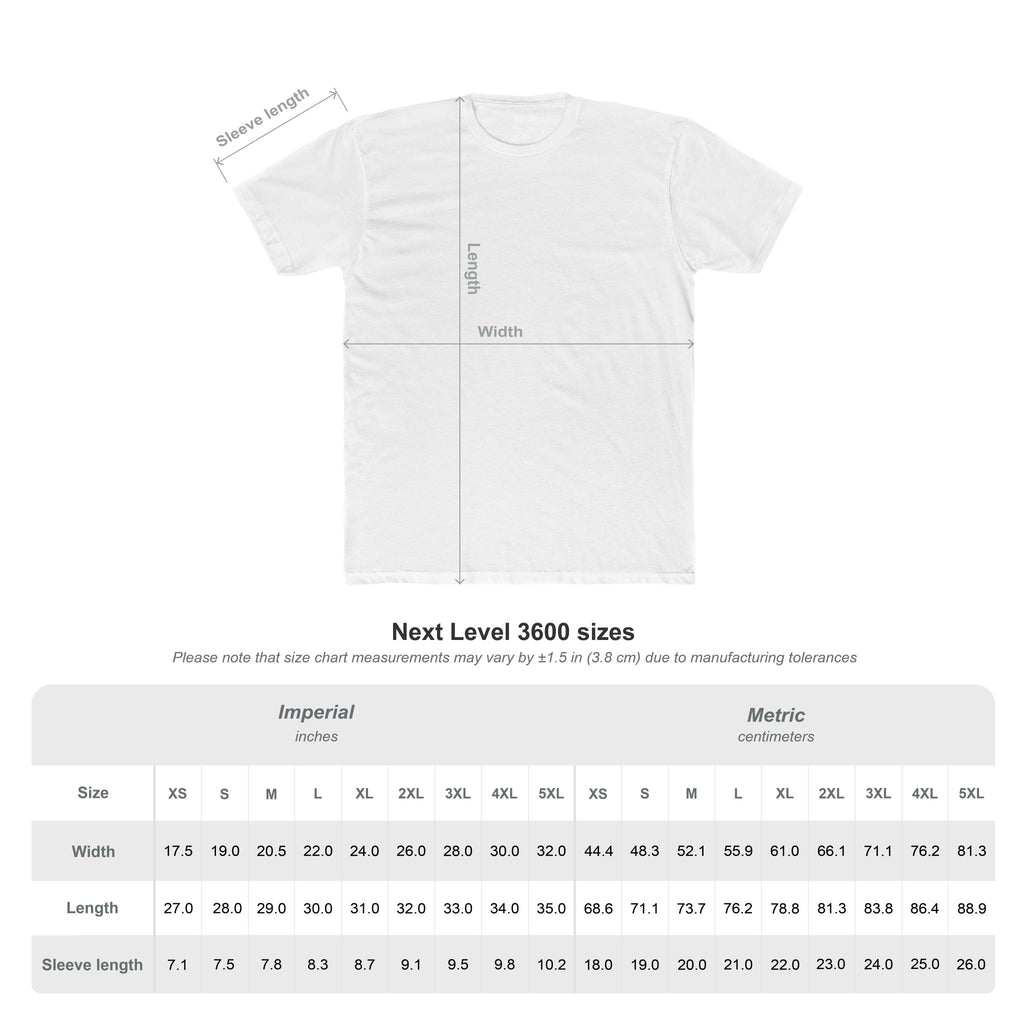 White T-shirt size chart showing width, length, and sleeve length measurements