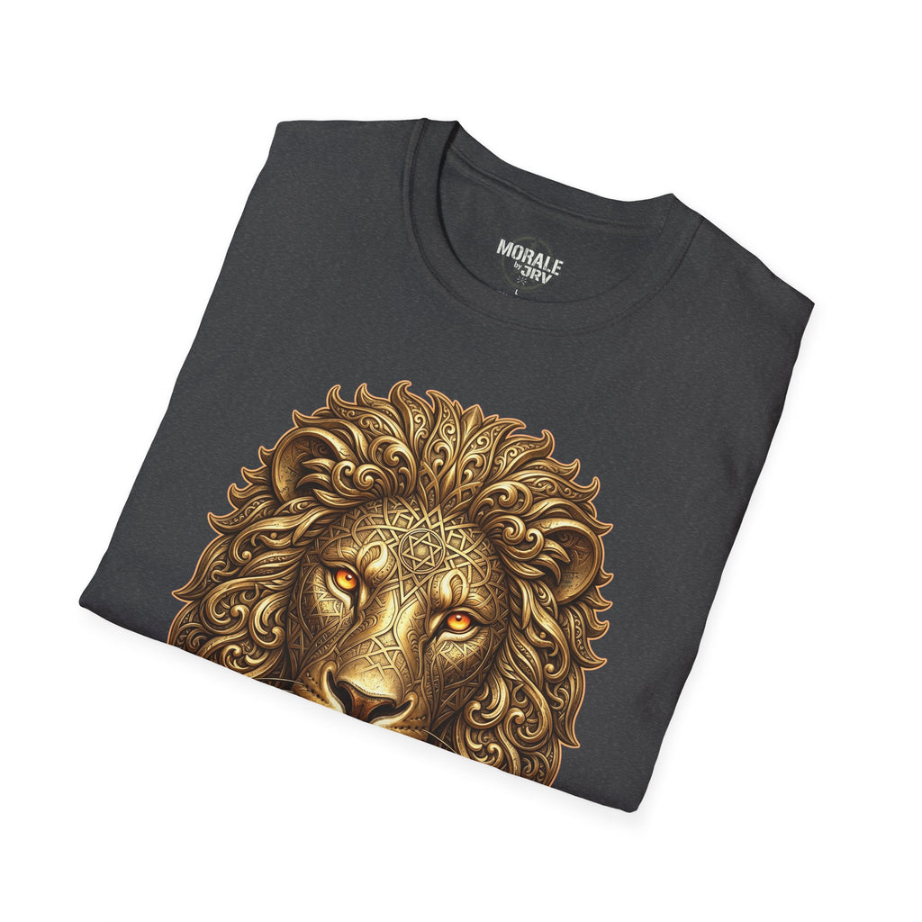 Dark heather t-shirt with large ornate golden lion head graphic