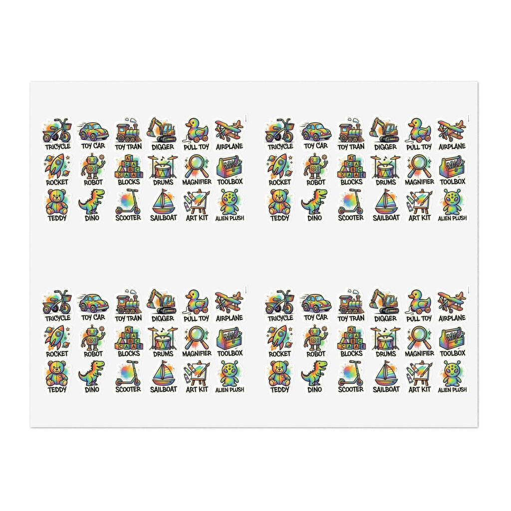 Toy icon sticker sheet, die-cut labels featuring rockets, dinos, sailboats, and art kit
