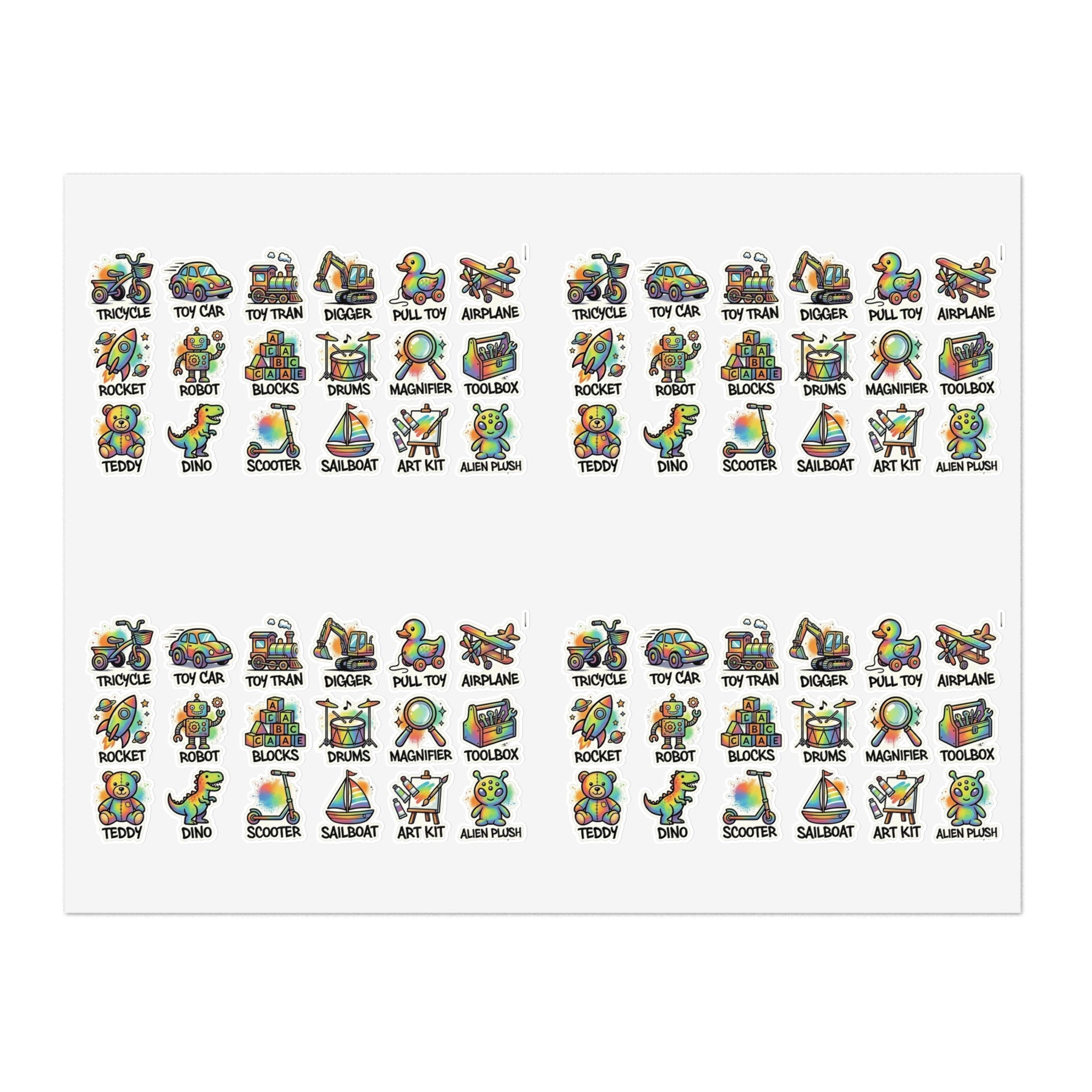 Toy icon sticker sheet, die-cut labels featuring rockets, dinos, sailboats, and art kit