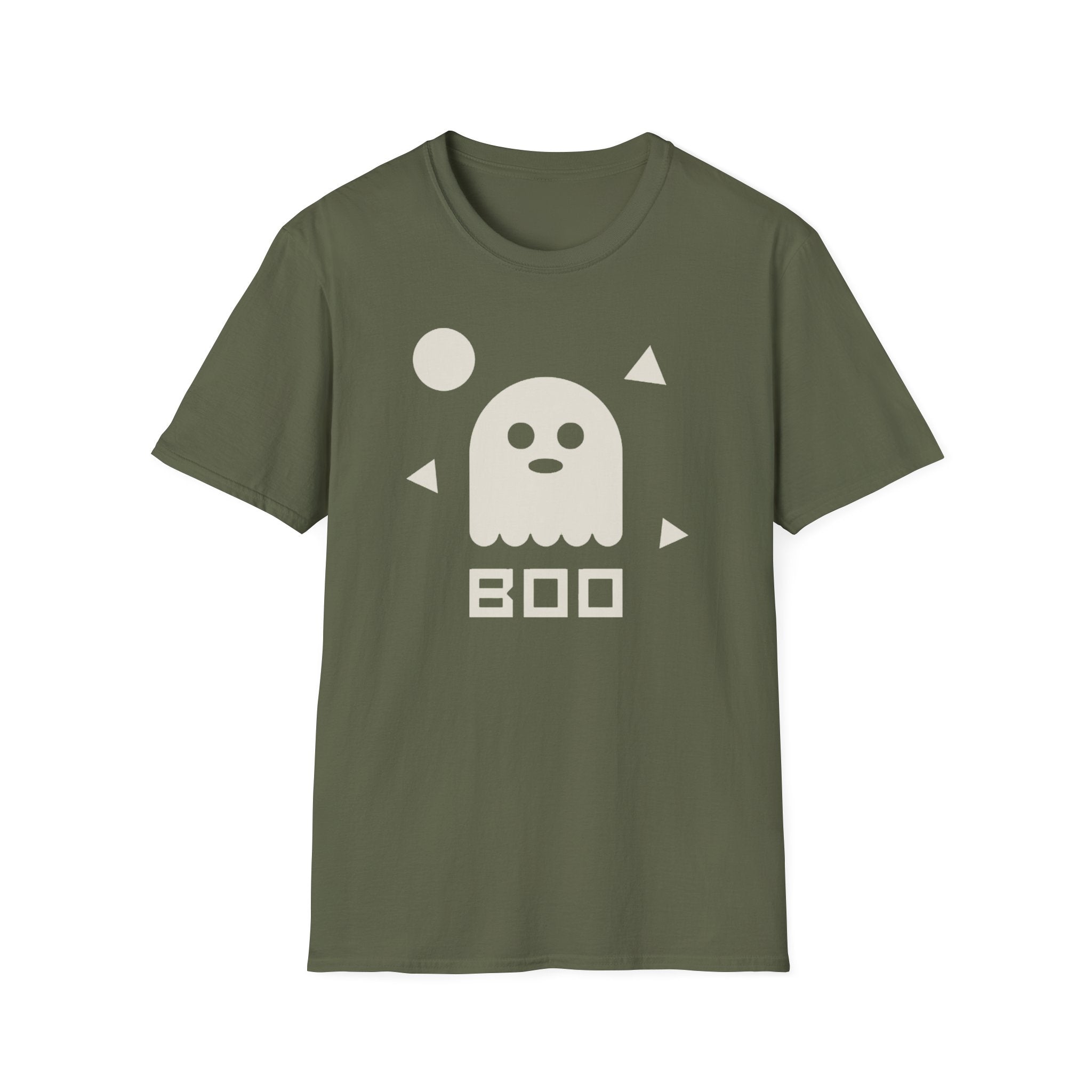 Halloween ghost graphic T-shirt, olive green with centered white ghost and BOO