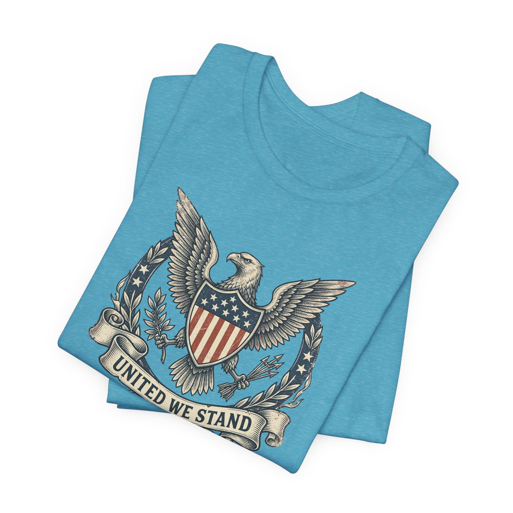 Light blue crew-neck T-shirt with eagle and shield "United We Stand" graphic