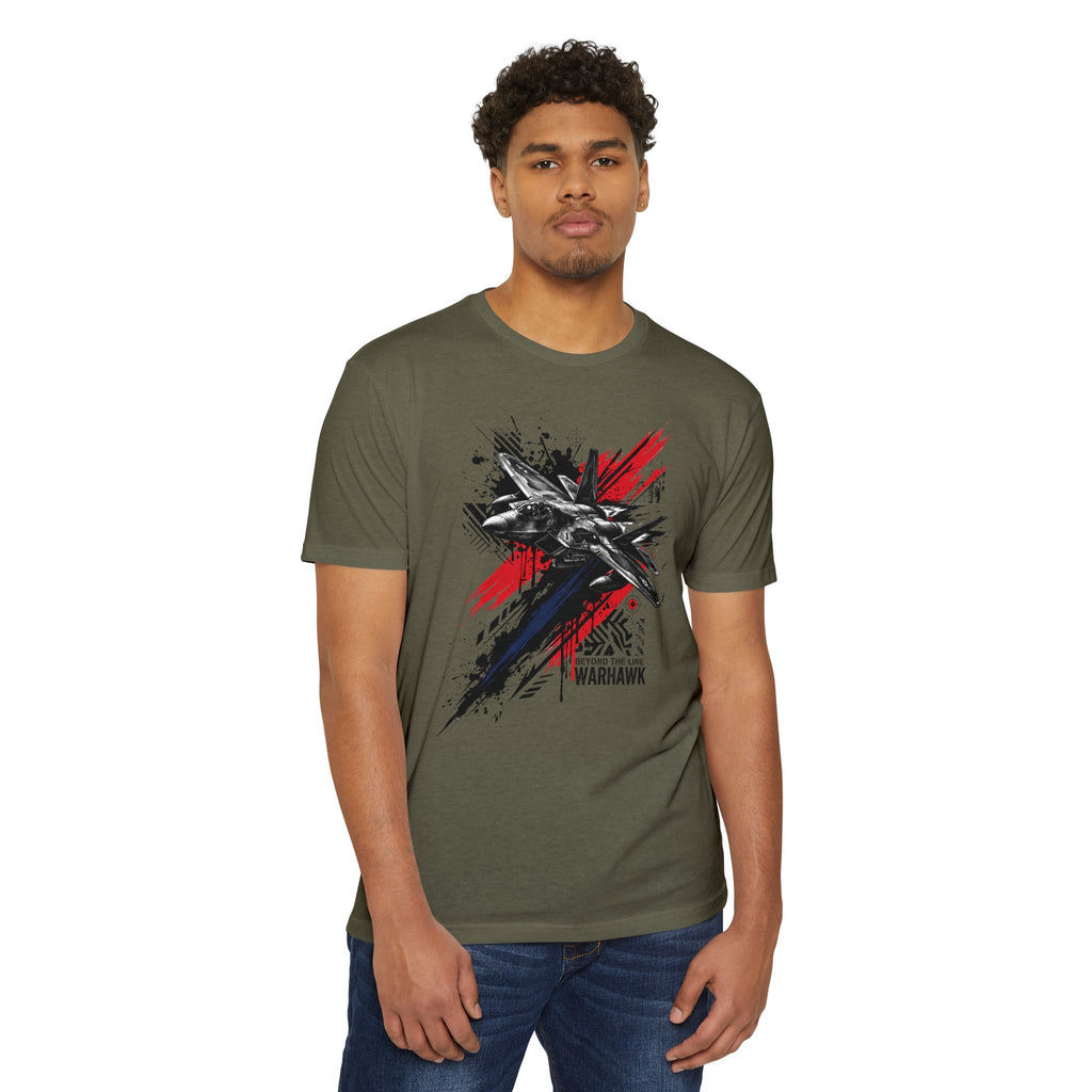Dark olive jet graffiti t-shirt with fighter plane graphic, crewneck front.