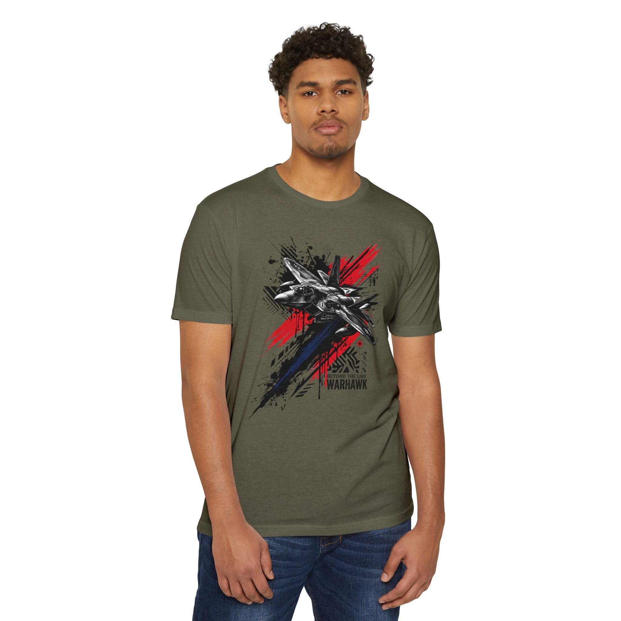 Dark olive jet graffiti t-shirt with fighter plane graphic, crewneck front.
