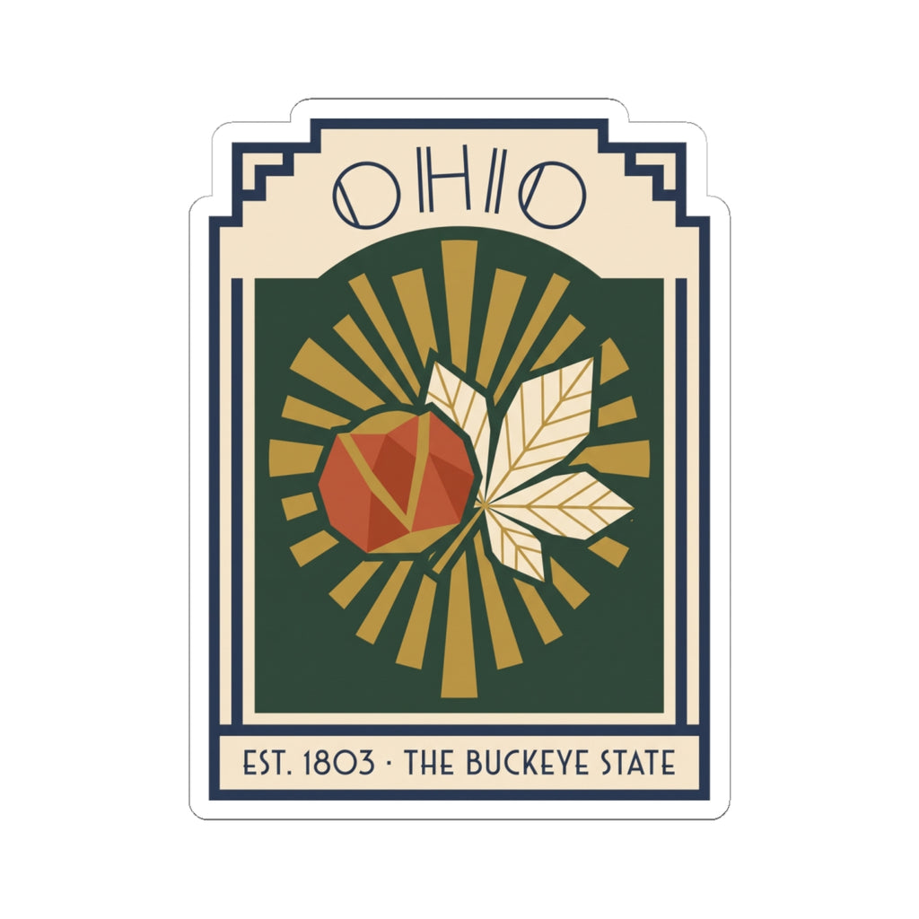 Die-cut vinyl Ohio sticker with decorative frame, buckeye leaves, and THE BUCKEYE STATE