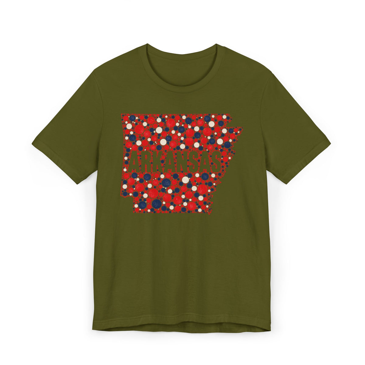 Olive green T-shirt with Arkansas outline graphic in red, white, and blue dot pattern