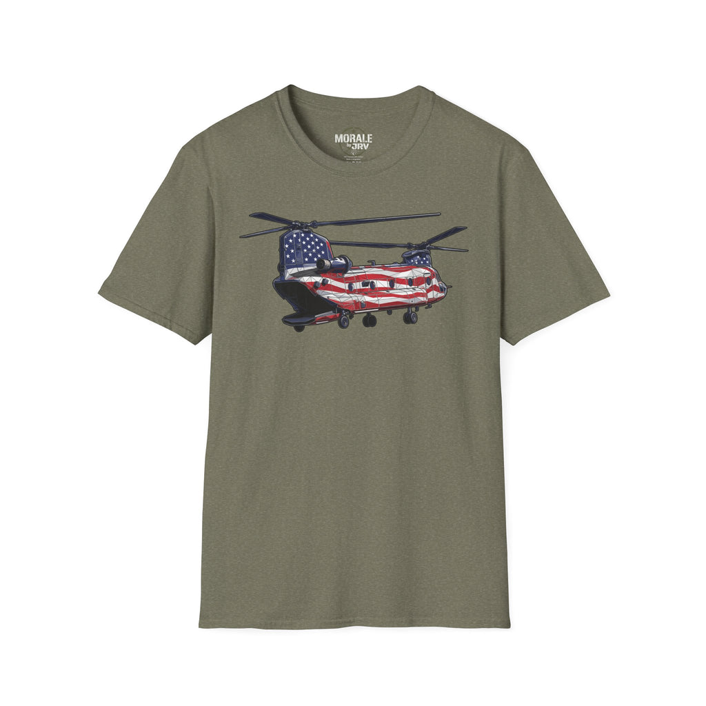 American Flag CH-47 Chinook T-shirt in olive green with red, white and blue helicopter graphic