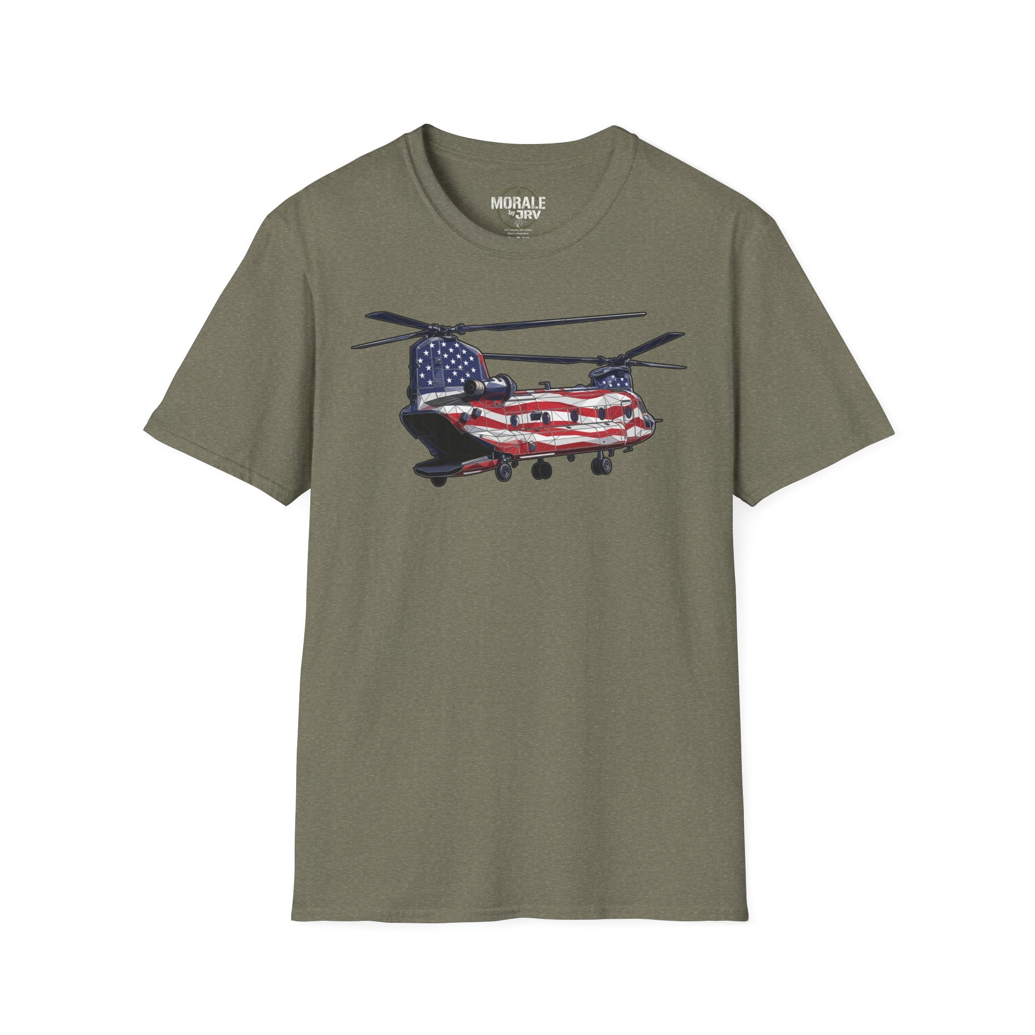 American Flag CH-47 Chinook T-shirt in olive green with red, white and blue helicopter graphic