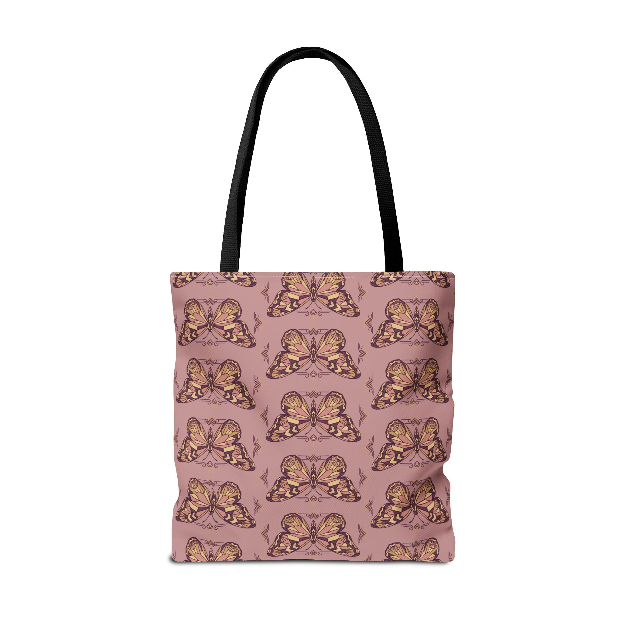 Pink tote bag with all-over vintage butterfly pattern and black top handles