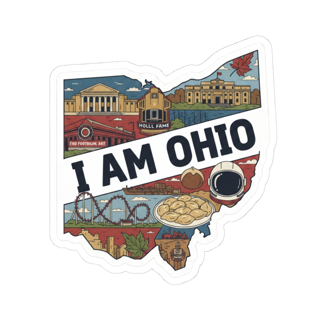 I AM OHIO sticker with collage landmarks, bold text, and coffee cup graphic