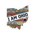 I AM OHIO sticker with collage landmarks, bold text, and coffee cup graphic