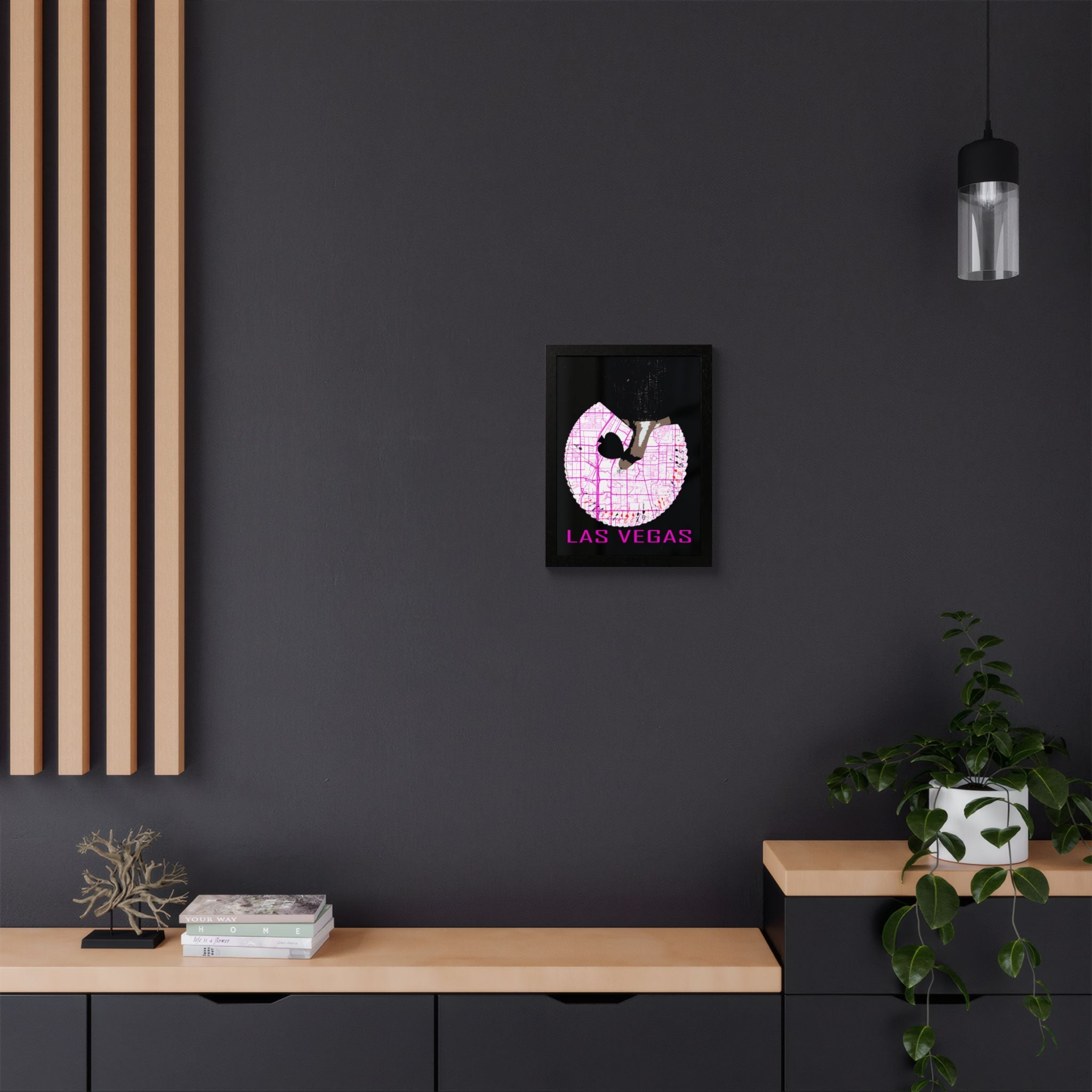 Small framed Las Vegas map poster with pink heart graphic and 'LAS VEGAS' text
