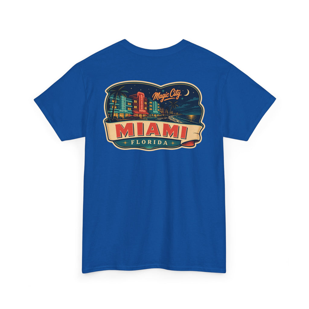 Royal blue T-shirt with Miami luggage tag graphic on the chest