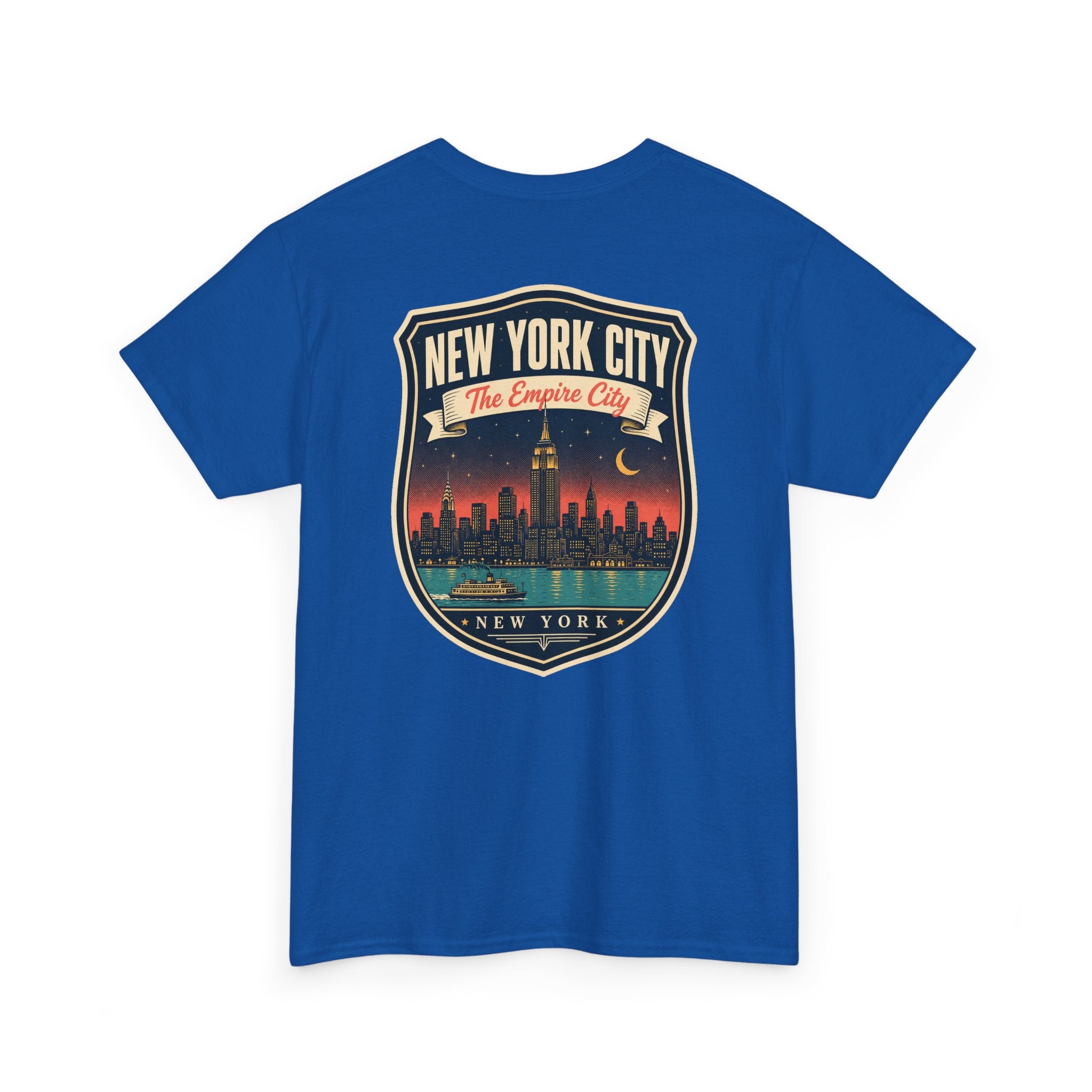 Royal blue T-shirt with New York City skyline badge graphic