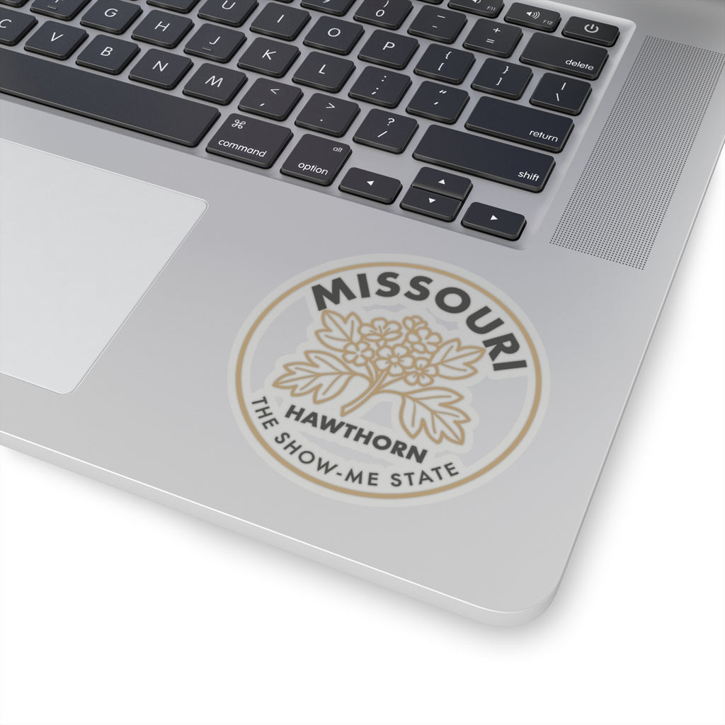 Round hawthorn state flower sticker on laptop lid, transparent decal with floral tree icon