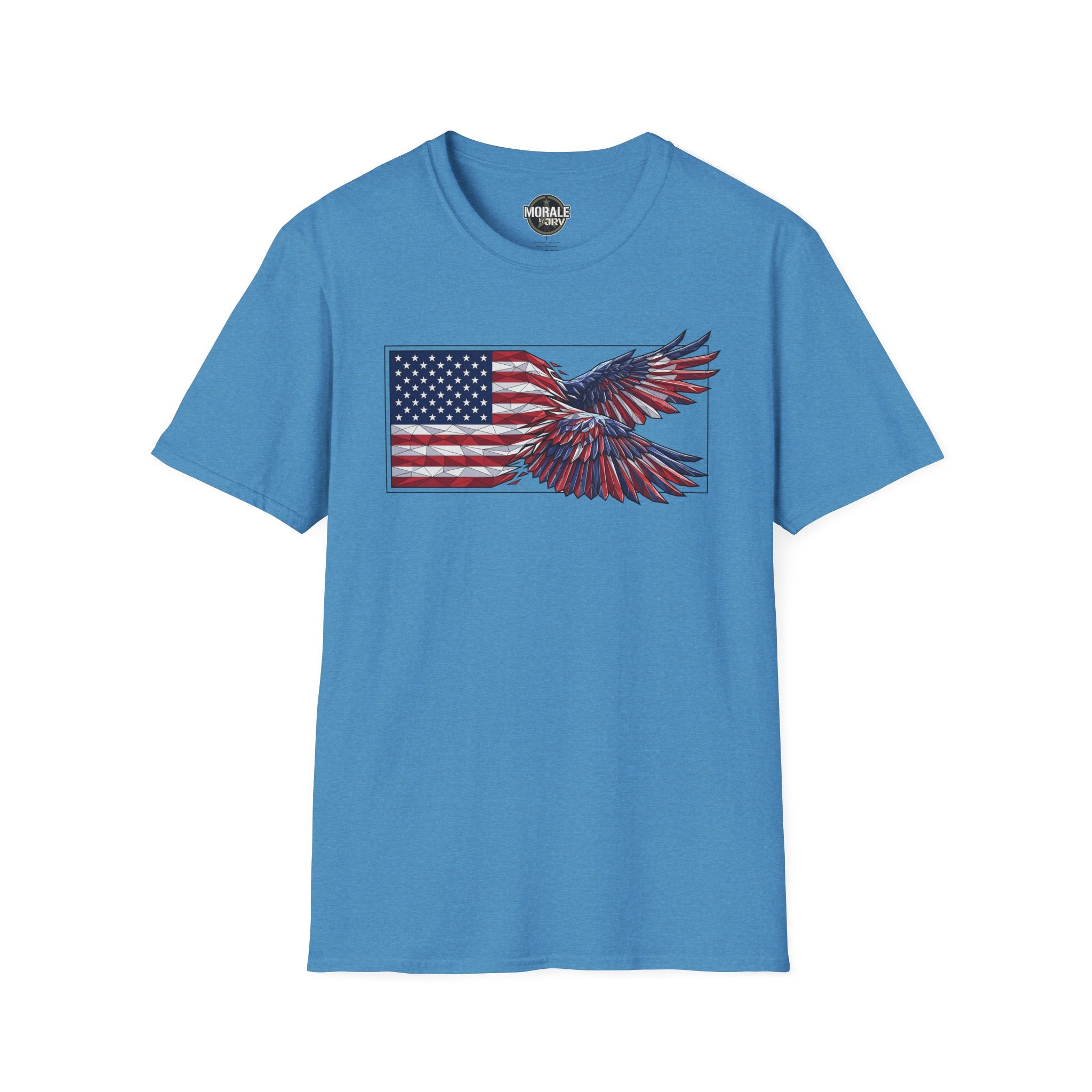 Patriotic eagle flag graphic T-shirt, bright blue with red-white-blue eagle