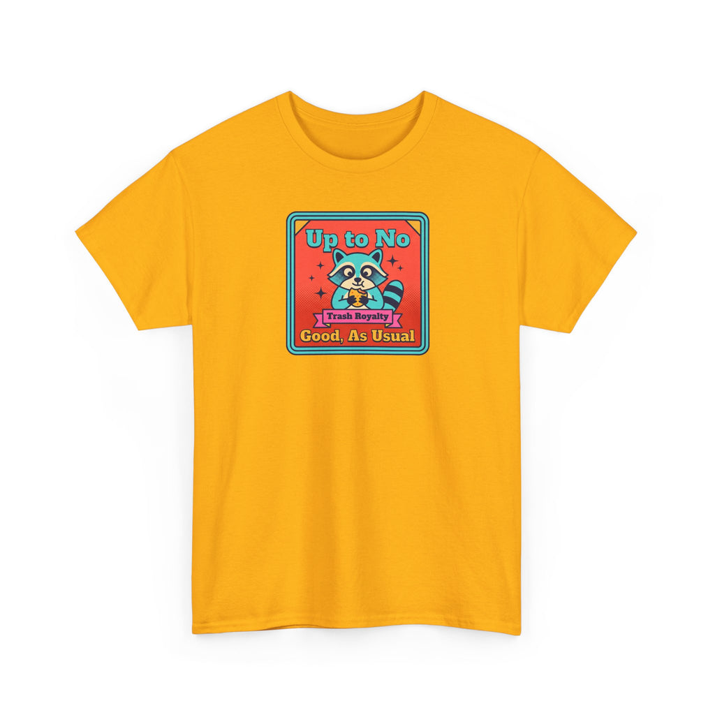 Orange T-shirt with centered cartoon raccoon graphic and text label