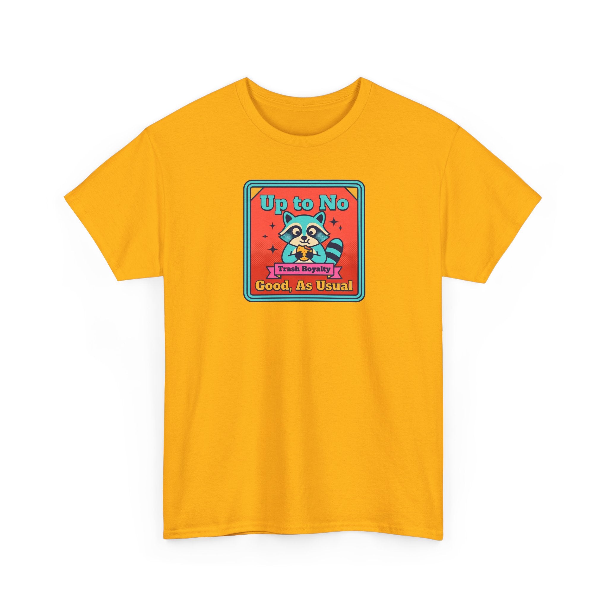 Orange T-shirt with centered cartoon raccoon graphic and text label