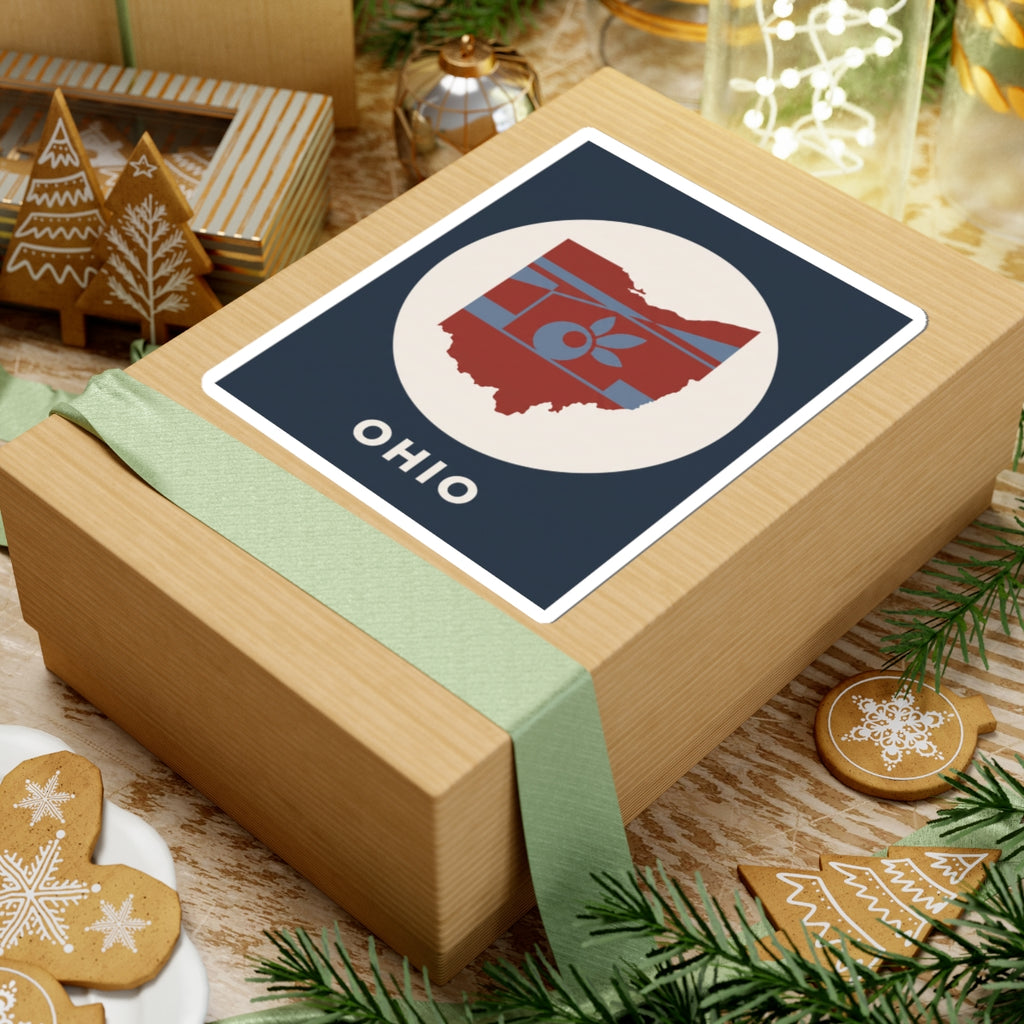 Ohio sticker on a wrapped gift, square design with apple icon state map and OHIO text