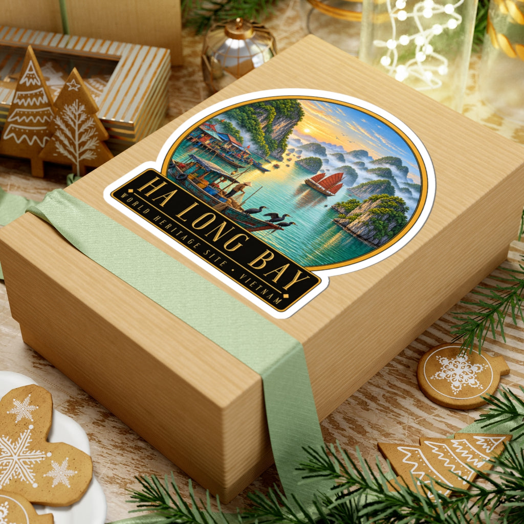 Ha Long Bay circular vinyl sticker on a wrapped gift box with ribbon