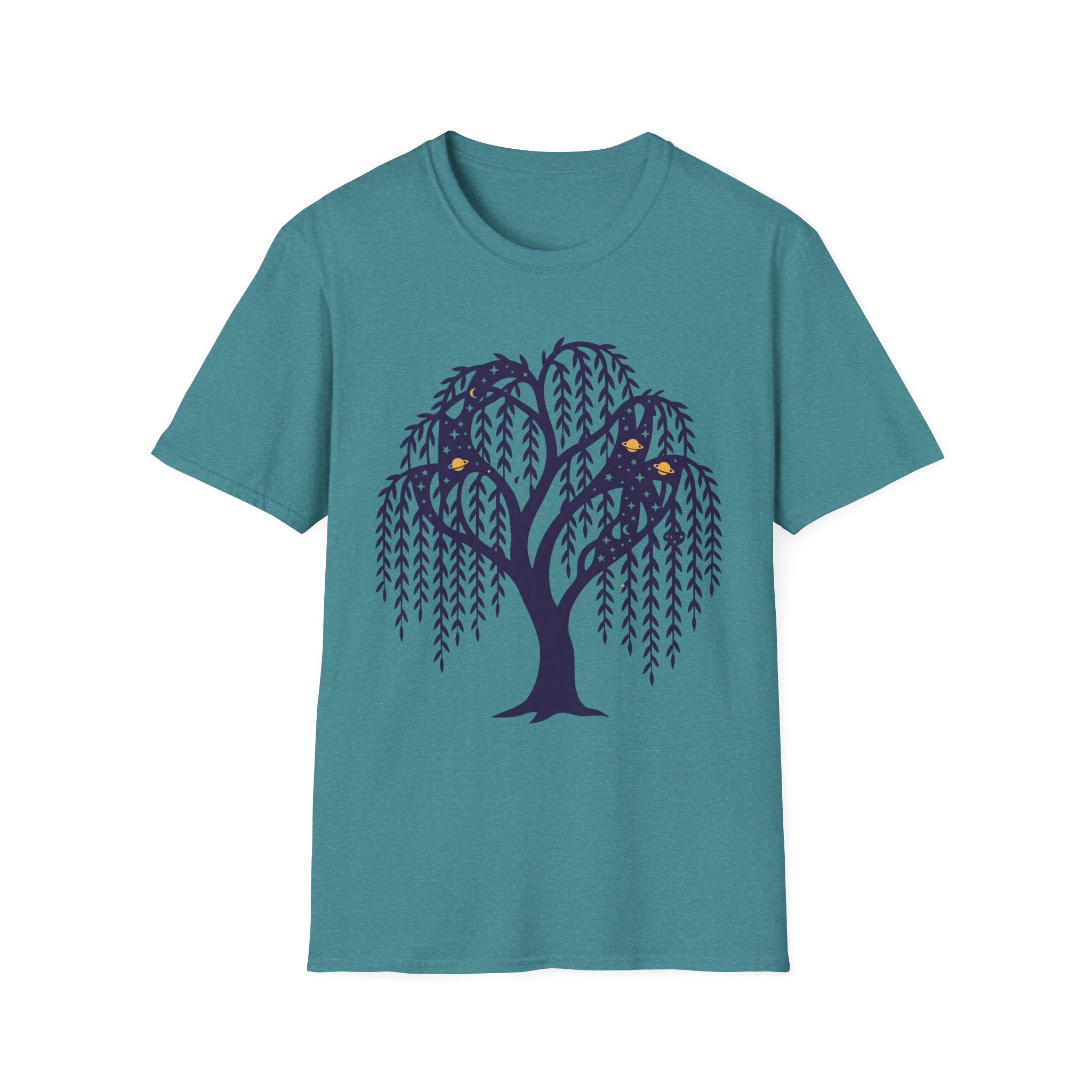 Teal T-shirt featuring dark blue weeping willow and night owl graphic