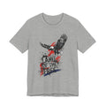 Dark grey heather eagle graphic t-shirt with distressed "Land of the Free" text and flag accents