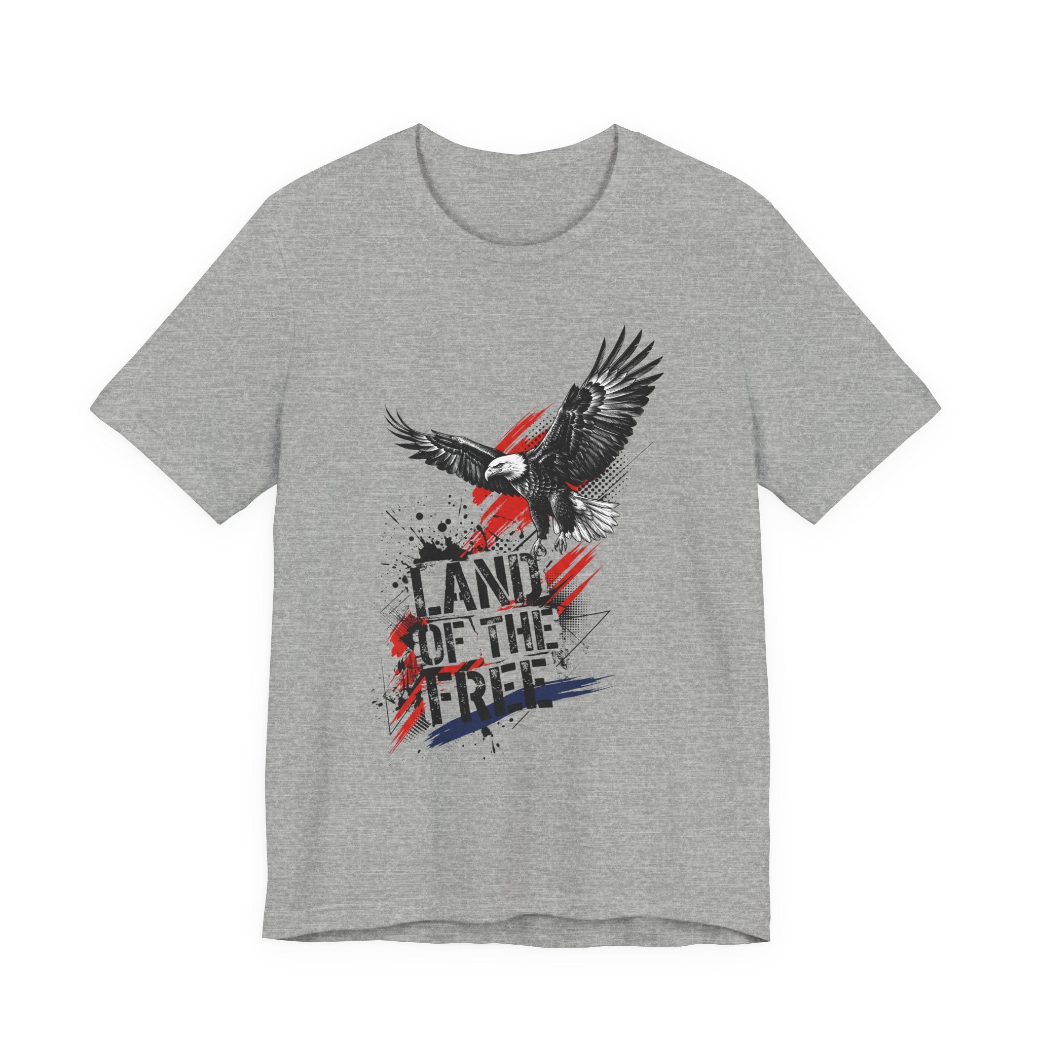 Dark grey heather eagle graphic t-shirt with distressed "Land of the Free" text and flag accents